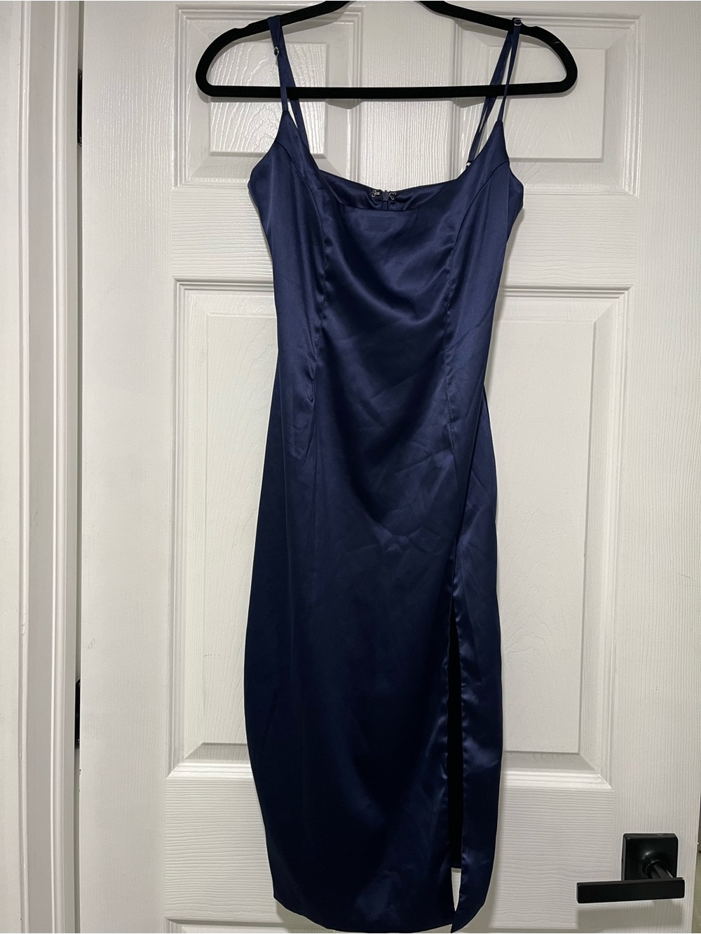 Navy Satin Midi Slip Dress with Side Slit